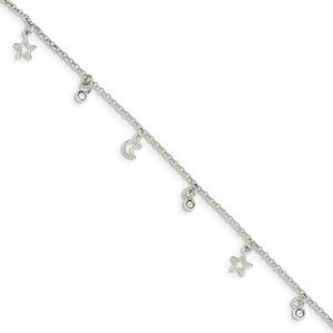 Sterling Silver 1.5mm Rolo Chain Moon, Star And Bead Anklet, 9-10 Inch